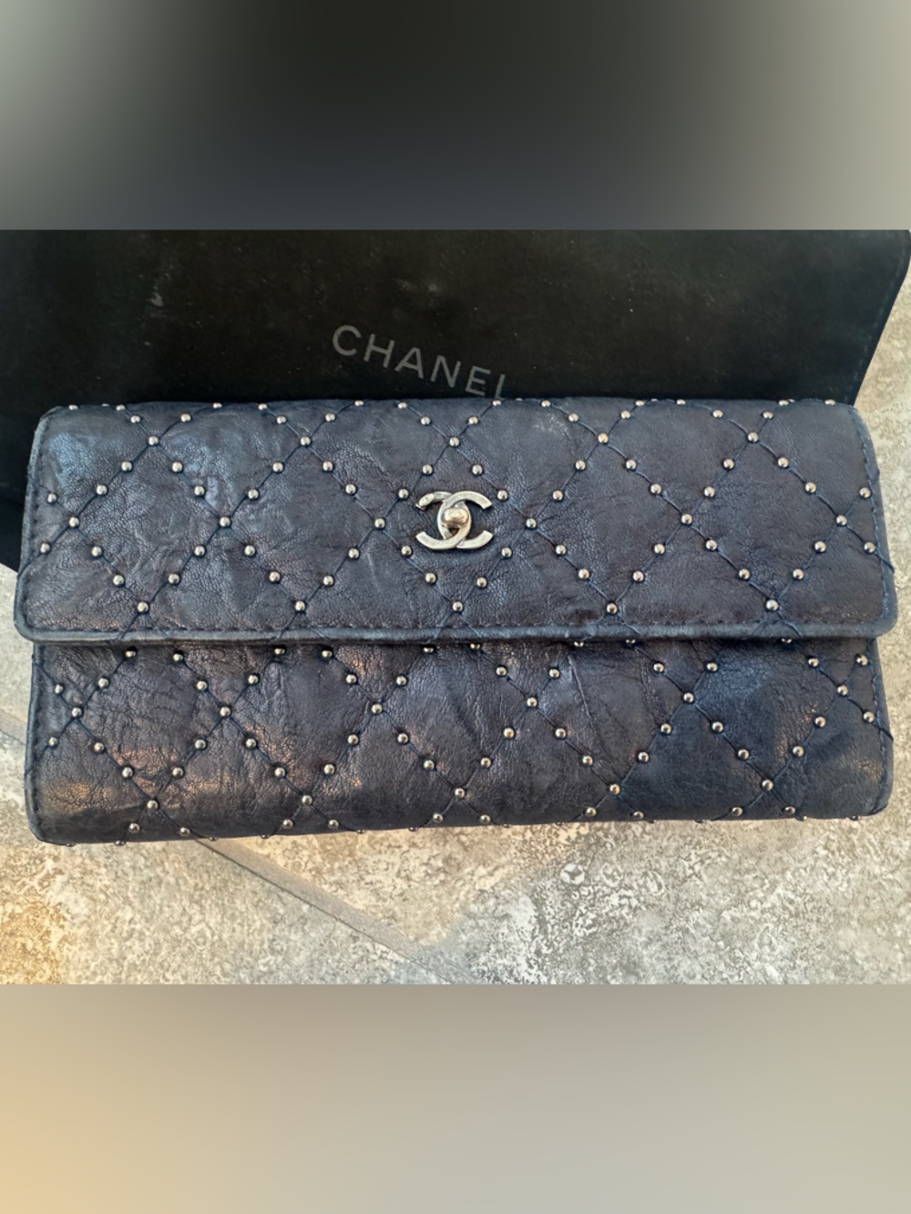 Chanel Continental Flap Wallet in Quilt Studded navy Distressed Calfskin